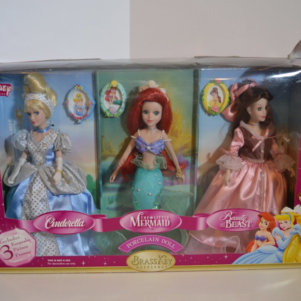 Disney Princess Brass Key Keepsakes Porcelain Dolls Ariel Cinderella Belle 2004